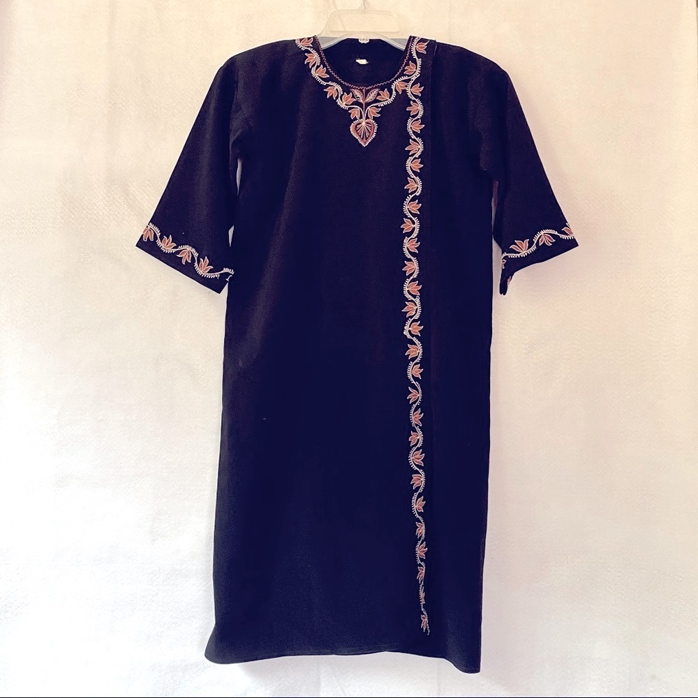 Embroidered Trim Black Straight Sheath Wrap Dress